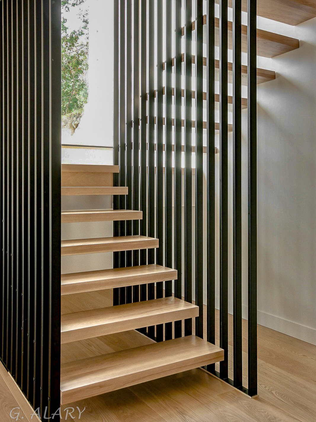 montee-escalier-limon-central-acier-frene-finition-vernis-architectural Escalier autoportant à limon central en acier avec marches en frene et garde-corps en verre au style minimaliste